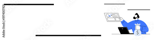 Fintech, digital payments, business management, financial planning, ecommerce, and online banking. Person holding a money bag near a laptop and digital screen. Fintech and digital payments concept