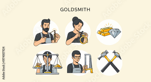 Modern Flat illustration of Goldsmith at work with tools