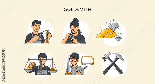 1 set icon of Goldsmith at work with tools.
