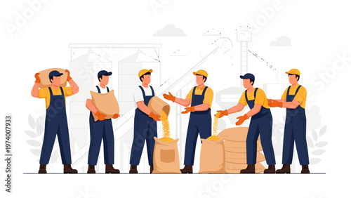 Industrial Team at Work: A team of skilled industrial workers collaboratively handle heavy sacks, pouring and organizing resources with precision, exemplifying unity in the workplace. 