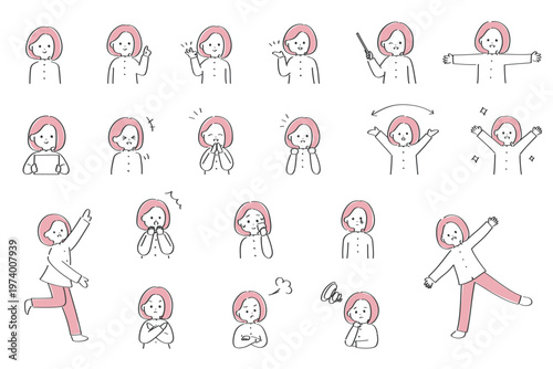 ゆるかわいい女性の表情・ポーズセット｜シンプルで使いやすい人物イラスト素材集