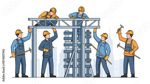 Construction Crew: A dedicated construction team collaboratively constructs a steel frame, embodying teamwork and precision in building a framework.
