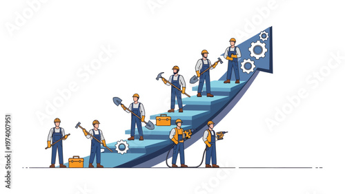 Building Success: Construction workers ascend a stairway shaped like an upward-pointing arrow, symbolizing growth and progress, each step representing a stage in construction.