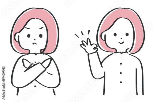 OKとNGのポーズをする若い女性｜シンプルで使いやすい線画イラスト