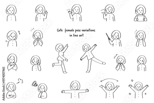 カジュアルな女性の表情バリエーション｜線画の使いやすい人物イラスト素材集