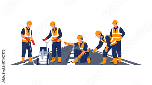 Roadwork crew: A team of dedicated road workers are diligently working together to mark the road to ensure order and safety.