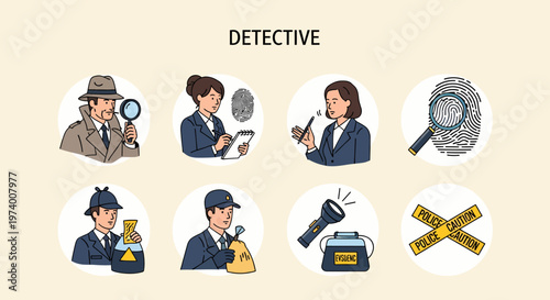 Illustrations of detective and tools.