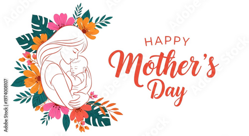Mother Holding Baby Tenderly Surrounded by Flowers for Mother's Day Greeting Card Design