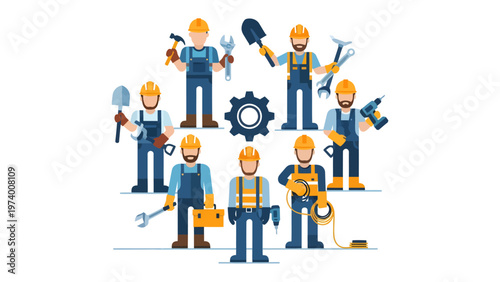 Team of Builders and Engineers: A unified team of skilled builders and engineers stands shoulder-to-shoulder, each equipped with their specialized tools.