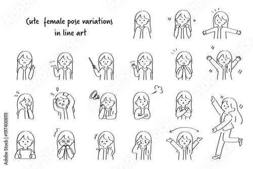 若いビジネスウーマンの表情バリエーション｜線画の使いやすい人物イラスト素材集
