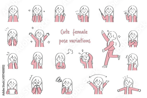 ゆるかわいいビジネスウーマンの表情・ポーズセット｜シンプルで使いやすい人物イラスト素材集