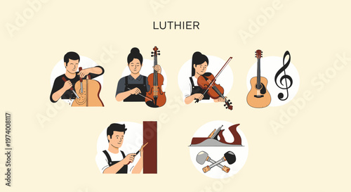 1 set of cartoon pictures depicting Luthier making stringed musical instruments.
