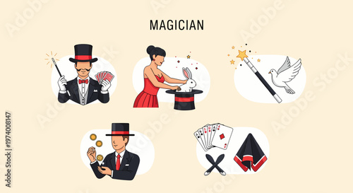 1 set of vector icons depicting Magician performing magic tricks and illusions.