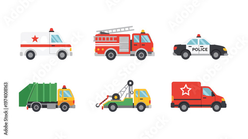 Flat Design Vector Set of Emergency & City Service Vehicles: Ambulance, Fire Truck, Police, Garbage, Tow, Delivery Van Icons