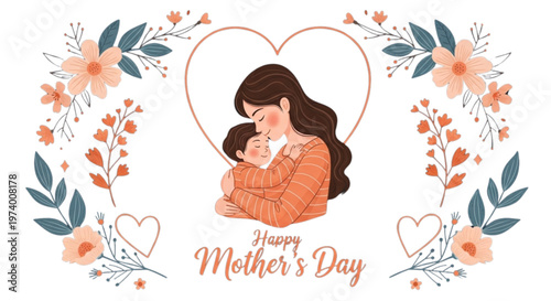 Mother Hugging Child Heart Frame Happy Mothers Day Greeting Card Design Warm Love Family Celebration