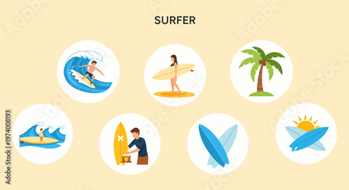 Illustration Set of Man Riding a Surf Board.