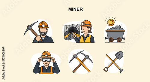 Modern Flat illustration of Miner Worker in Hard Hat.