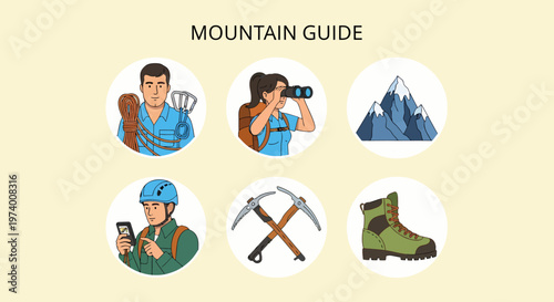 1 set of cartoon pictures depicting Mountain guide with climbing gear.