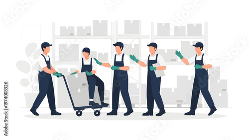 Warehouse Harmony: A coordinated team of diligent workers meticulously manages a vast inventory of goods within a spacious warehouse setting.