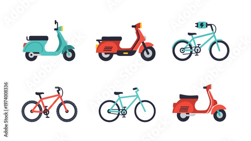 Urban mobility vector: Set of flat design scooters and bicycles illustrations. Two-wheeled personal transport collection.