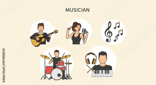 Modern Flat illustration of Musician playing various musical instruments