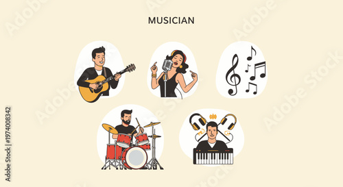 1 set of vector icons depicting Musician playing various musical instruments.