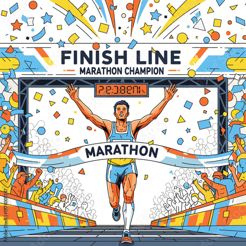 A male marathon runner crossing the finish line in a celebratory pose.