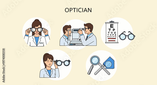 Modern Flat illustration of Optician with glasses and magnifying.