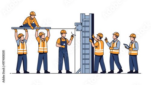 Construction Team at Work: A group of construction workers diligently collaborate on a project, demonstrating the dynamics of teamwork, precision, and the progress of construction.