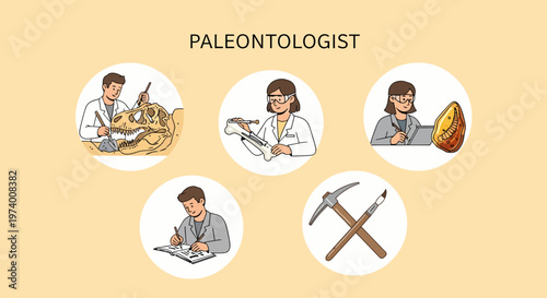 Modern Flat illustration of Paleontologist at work with fossils tools.