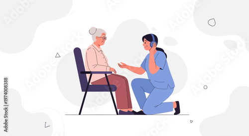Nurse helping elderly woman with headphones, care and support concept