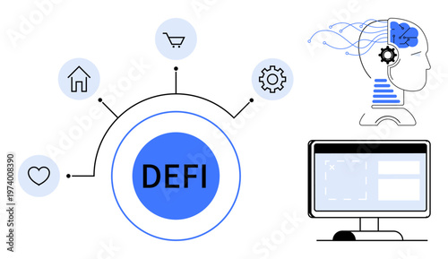 Financial technology, blockchain, AI innovation, decentralized systems, smart contracts, cryptocurrency. DEFI text with digital icons and AI head beside a computer screen. Financial technology