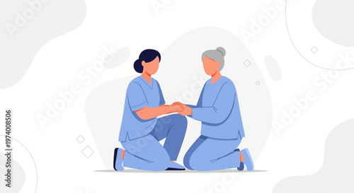 Nurse holding elderly woman's hands, showing care and compassion, healthcare support