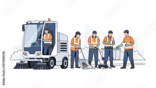 City Cleaning Crew at Work: A diligent city cleaning crew efficiently working to maintain a clean environment, with a street sweeper and a group of sanitation workers working in unison.