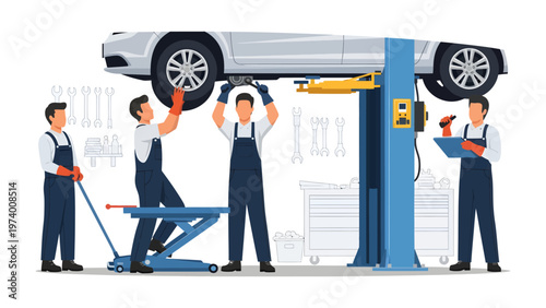 Automotive Harmony: A team of skilled technicians diligently inspect and repair a vehicle lifted high in the air, ensuring optimal performance and safety. 