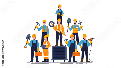 Team of skilled construction workers with various tools, illustrating cooperation, safety, and expertise.