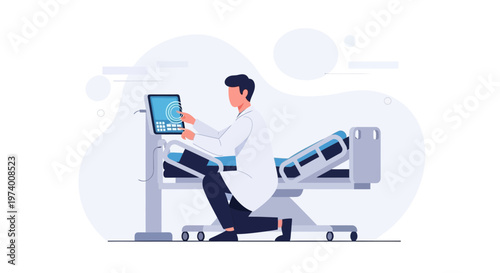 Doctor using medical equipment next to hospital bed, modern healthcare technology concept