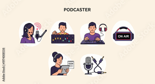 1 set of cartoon pictures depicting Person Wearing Headphones with Microphone.