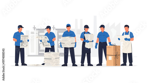 Printing Press Production: Illustration of a print shop production line, where print workers in uniform handle the freshly printed newspapers and ready them for distribution.