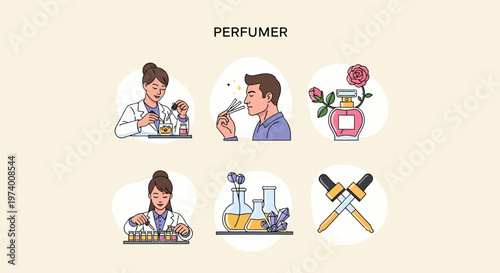 Illustration Set of Perfumer creating fragrances in laboratory.