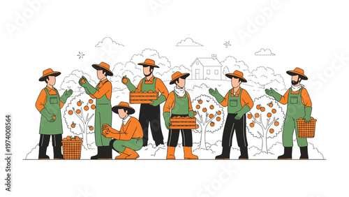 Harvesting Bounty: A dedicated team of farmers diligently working together to gather ripe fruits in an orchard, showcasing the essence of agricultural labor.