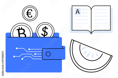 Cryptocurrency, fintech, finance education, blockchain, healthy lifestyle, digital economy. Wallet with Bitcoin, Euro Dollar coins an open book and a watermelon slice. Cryptocurrency and fintech