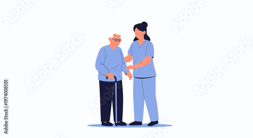 Nurse assisting elderly man with cane, healthcare, support, medical care concept