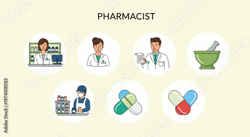 Illustration Set of  Pharmacist in white lab coat.