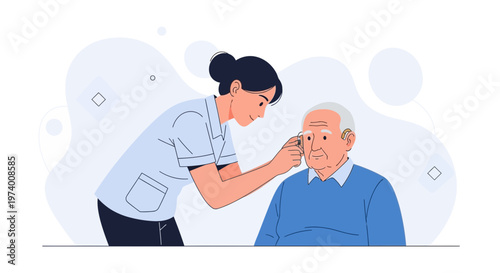 Nurse checks elderly man's ear with otoscope, healthcare concept illustration