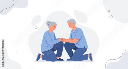Elderly Couple Holding Hands, Kneeling Together, Expressing Love and Support