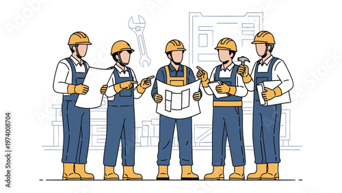 Blueprint Team in Coordination: A dedicated construction team gathers, meticulously examining blueprints, with a backdrop of a wrench.