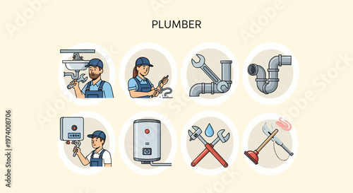 1 set of cartoon pictures depicting Plumber fixing pipes and equipment.