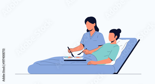 Nurse feeding patient in hospital bed, healthcare assistance, medical care concept