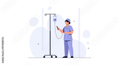 Nurse Adjusting IV Drip Stand with Infusion Bag in Hospital Room